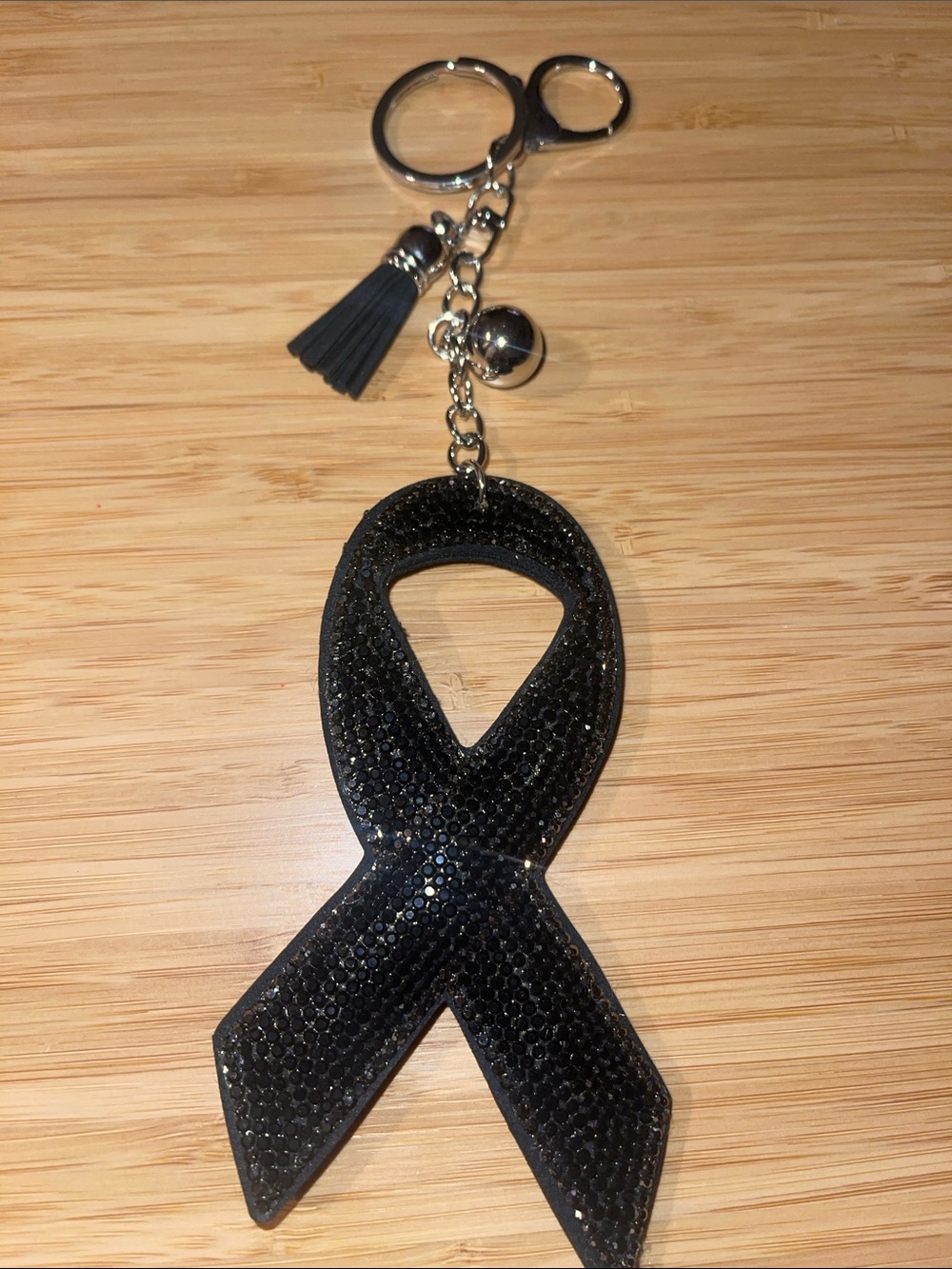 Awareness Black Ribbon Puff Rhinestone Keychain Bag Charm